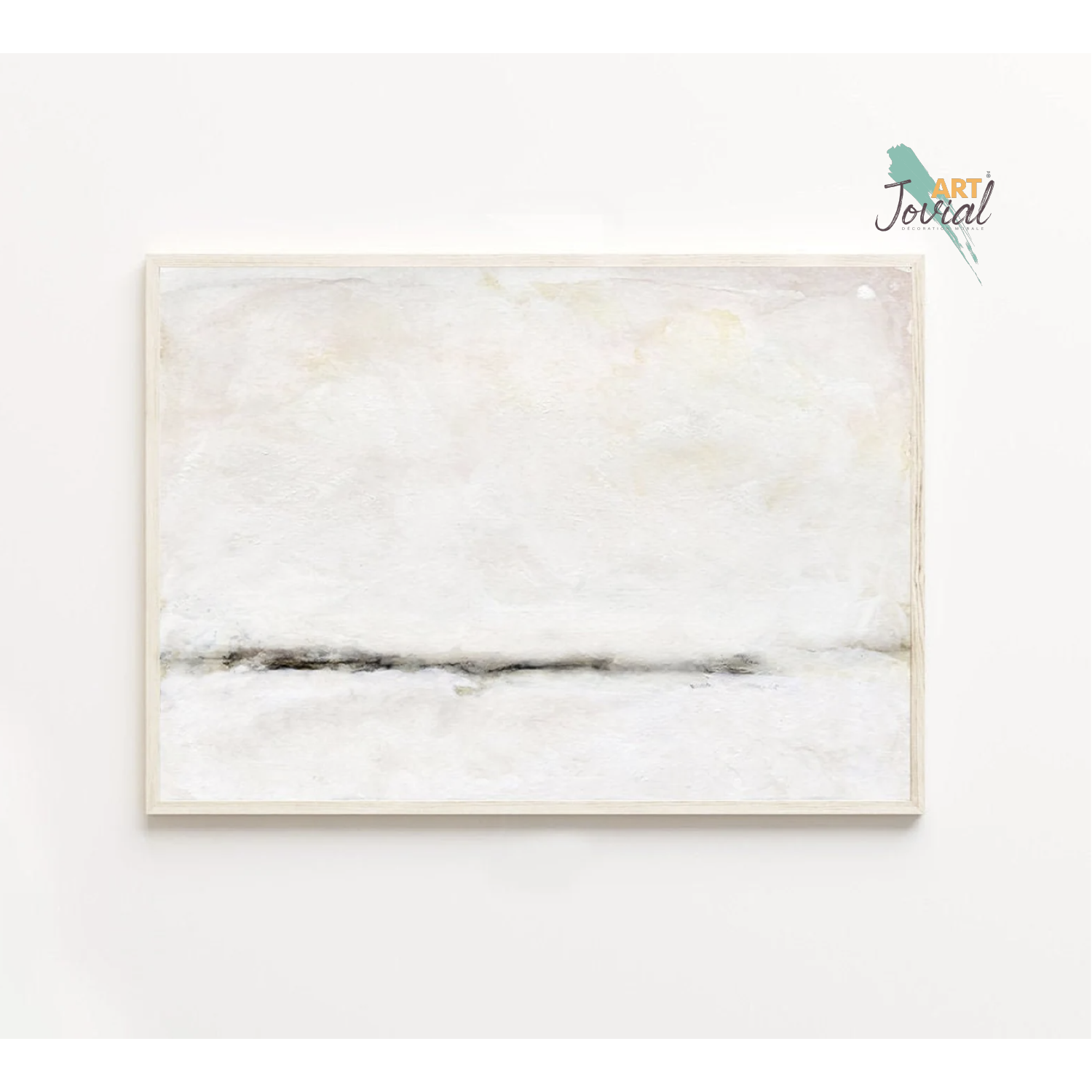 Une toile minimaliste de canva en coton avec un trait noir pour l'horizon et des tons beige, blancs et nacrés pour un effet de profondeur apaisant.